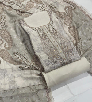 DRAVINAM Trends Women's Elegant Taupe & Off-White Embroidered Pure Muslin Dress Material with Printed Dupatta