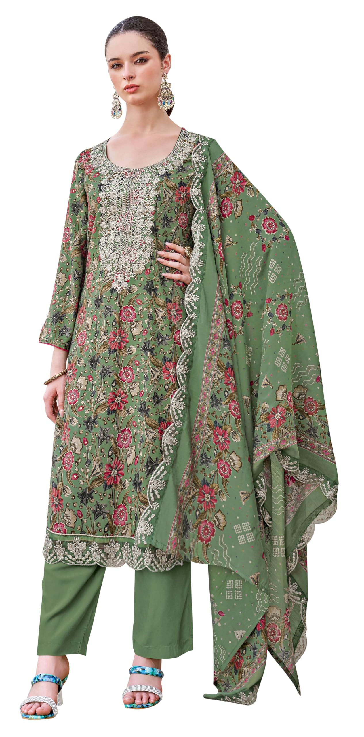 DRAVINAM Trends Pure Viscose Rayon Discharge Foil Printed Fancy Embroidered Daman Lace Suit Dress Material with Unstitched Rayon Bottoms and Cotton Embroidered Dupatta