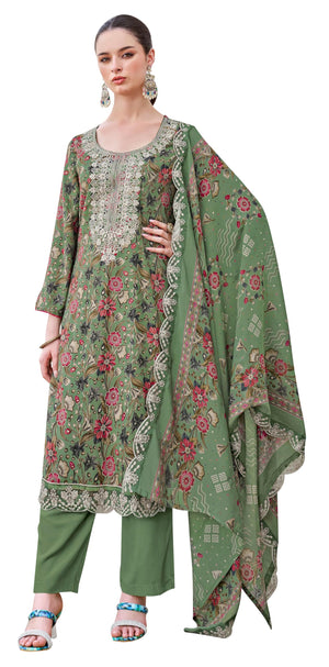 DRAVINAM Trends Pure Viscose Rayon Discharge Foil Printed Fancy Embroidered Daman Lace Suit Dress Material with Unstitched Rayon Bottoms and Cotton Embroidered Dupatta