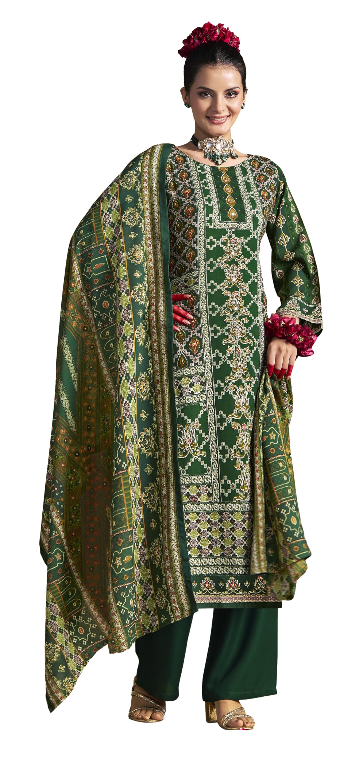 DRAVINAM Trends Women's Unstitched Rayon Salwar Suit Dress Material – Heavy Viscose Printed Top with Handwork II Pure Viscose Plain Bottom II Pure Cotton Mal Mal Printed Dupatta