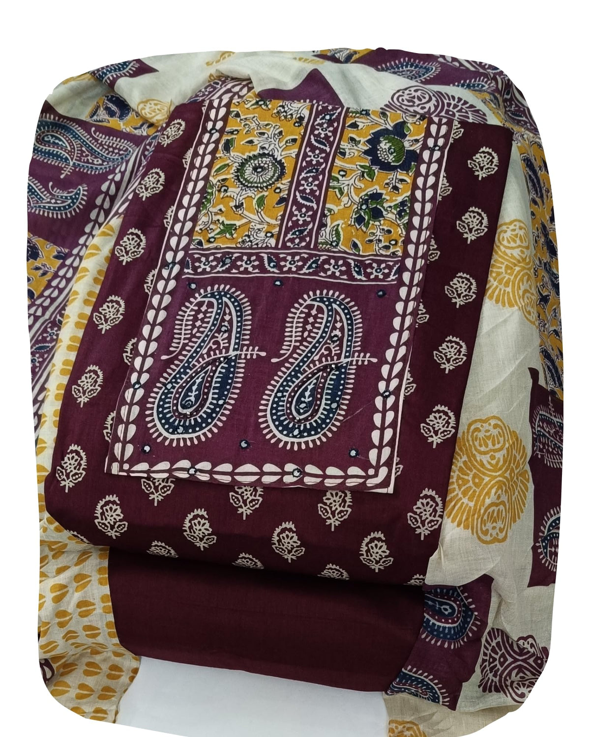 DRAVINAM Trends Women's Unstitched Cambric Cotton Dress Material Salwar Suit Set with Dupatta | Geometric Batik Print & Embellished Neckline (Multicolor)
