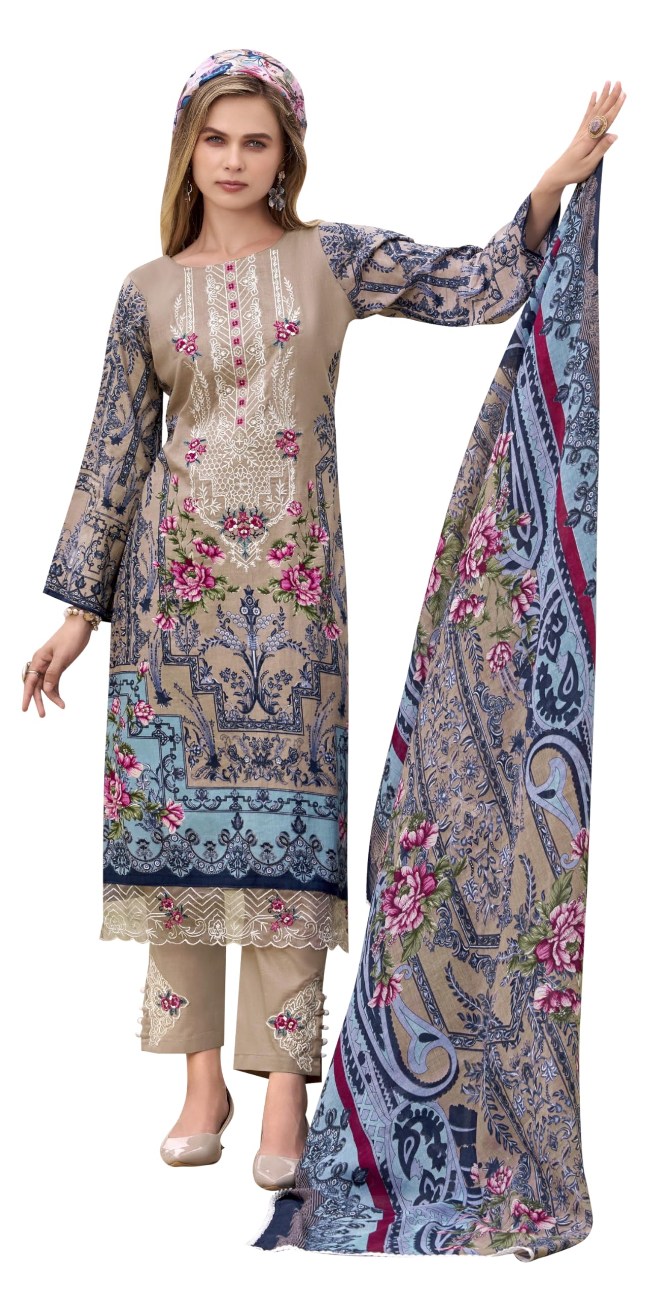 DRAVINAM Trends Women's Unstitched Salwar Suit Dress Material - Cotton Digital Printed Organza Embroidered Kameez II Unstitch Bottoms II Cotton Dupatta
