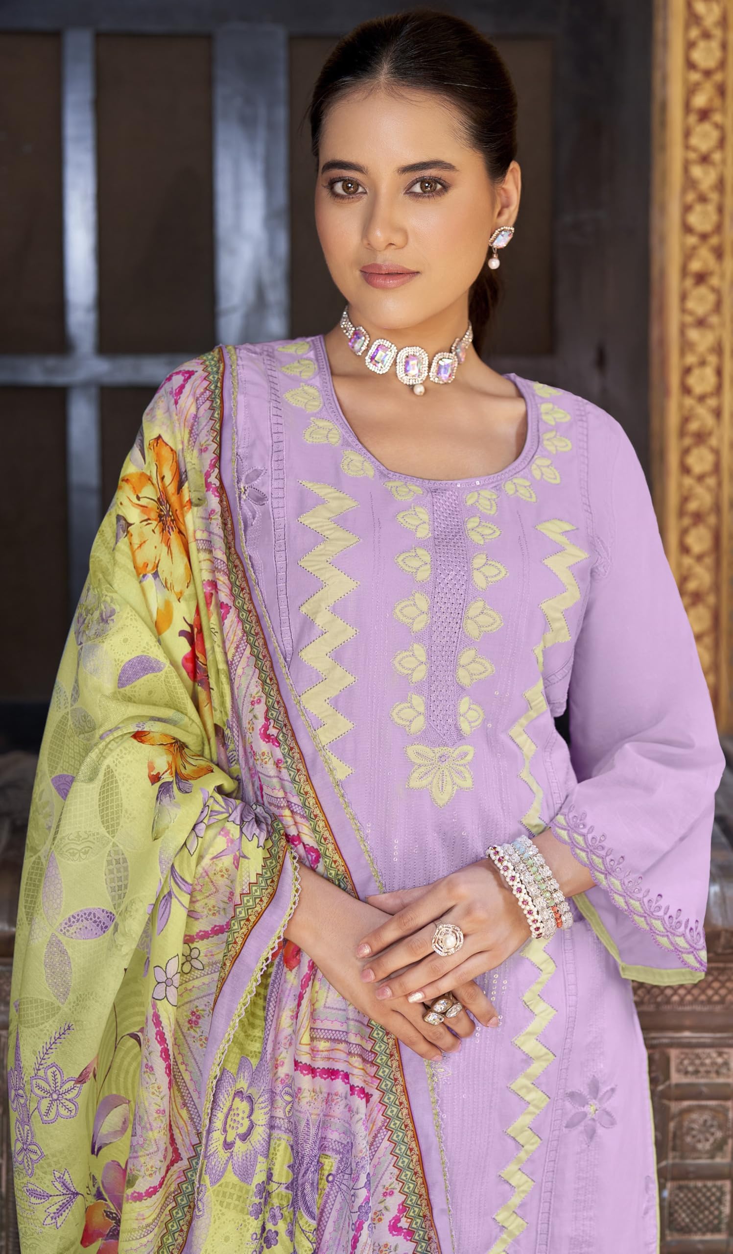 DRAVINAM Trends Women's Unstitched Cotton Suit Dress Material - Pure Cambric Lawn Embroidered Cut Paste Work Top, Solid Bottoms, Print Dupatta