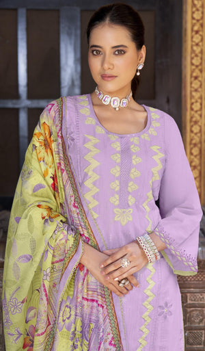 DRAVINAM Trends Women's Unstitched Cotton Suit Dress Material - Pure Cambric Lawn Embroidered Cut Paste Work Top, Solid Bottoms, Print Dupatta