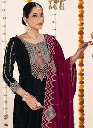 DRAVINAM Trends Women's Unstitch Premium Velvet Fancy Embroidery Winter Wear Salwar Suit Material With Unstitch Bottoms and Piping Dupatta