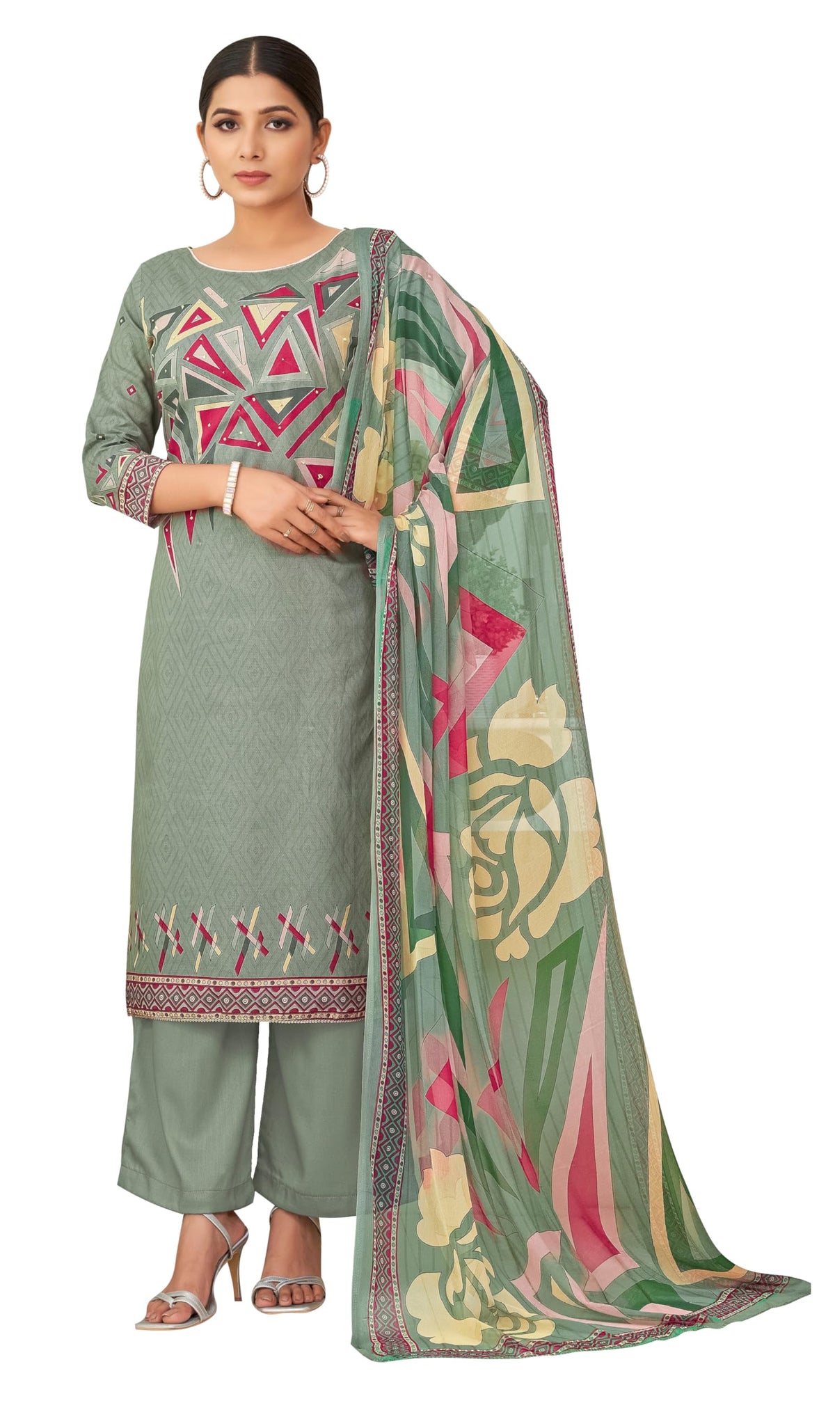 DRAVINAM Trends Kurti 2.50 mtrs,Viscose Reyon Dyed (2.7 m),Viscose German Half Pure Designer Print Dupatta (2.25 m)|Green