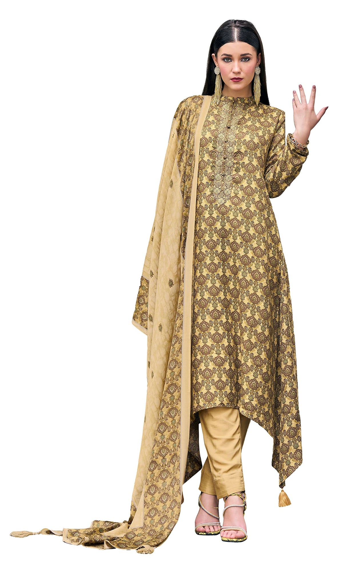 DRAVINAM Trends Women's Unstitched Digital Print Pure Wool Pashmina Fancy Embroidered Winter Salwar Suit Dress Material with Printed Pure Pashmina Shawl Dupatta (Grey)