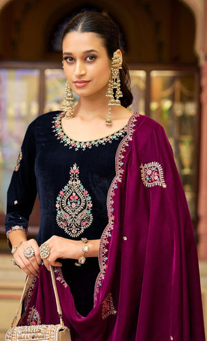 DRAVINAM Trends Women's Unstitched Premium Velvet Embroidered Salwar suit Dress Material with Embroidered Bottoms and Velvet Dupatta