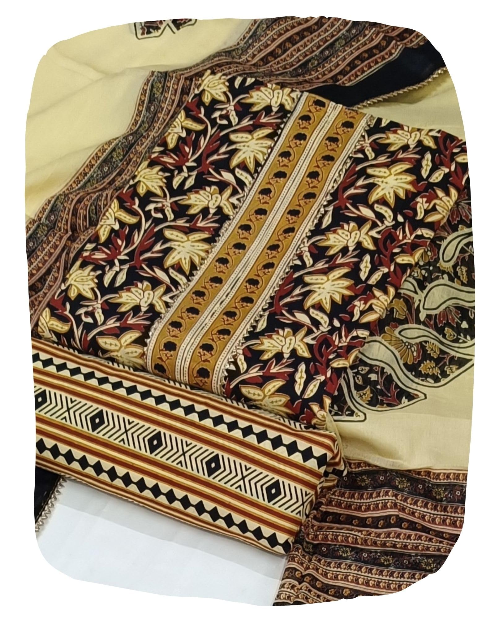 DRAVINAM Trends Women's Jaipuri Printed Embroidered and Hand Work Premium Cambric Cotton Unstitched Salwar Suit Dress Material with Mulmul Cotton Dupatta