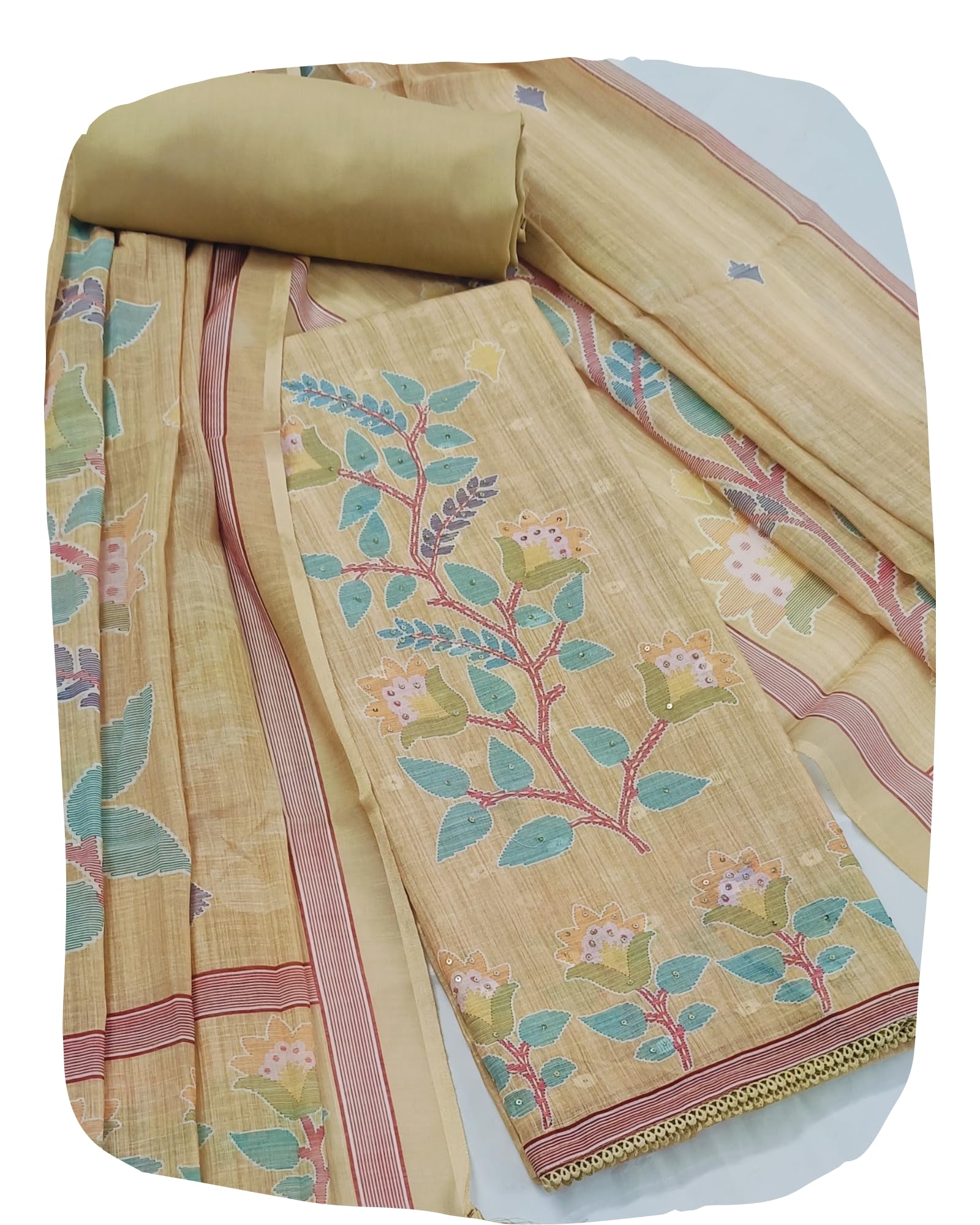 Elegant Women's Linen Floral Unstitched Dress Material Suit Set | Malai Cotton Bottom & Linen Dupatta with Tassels (Yellow)