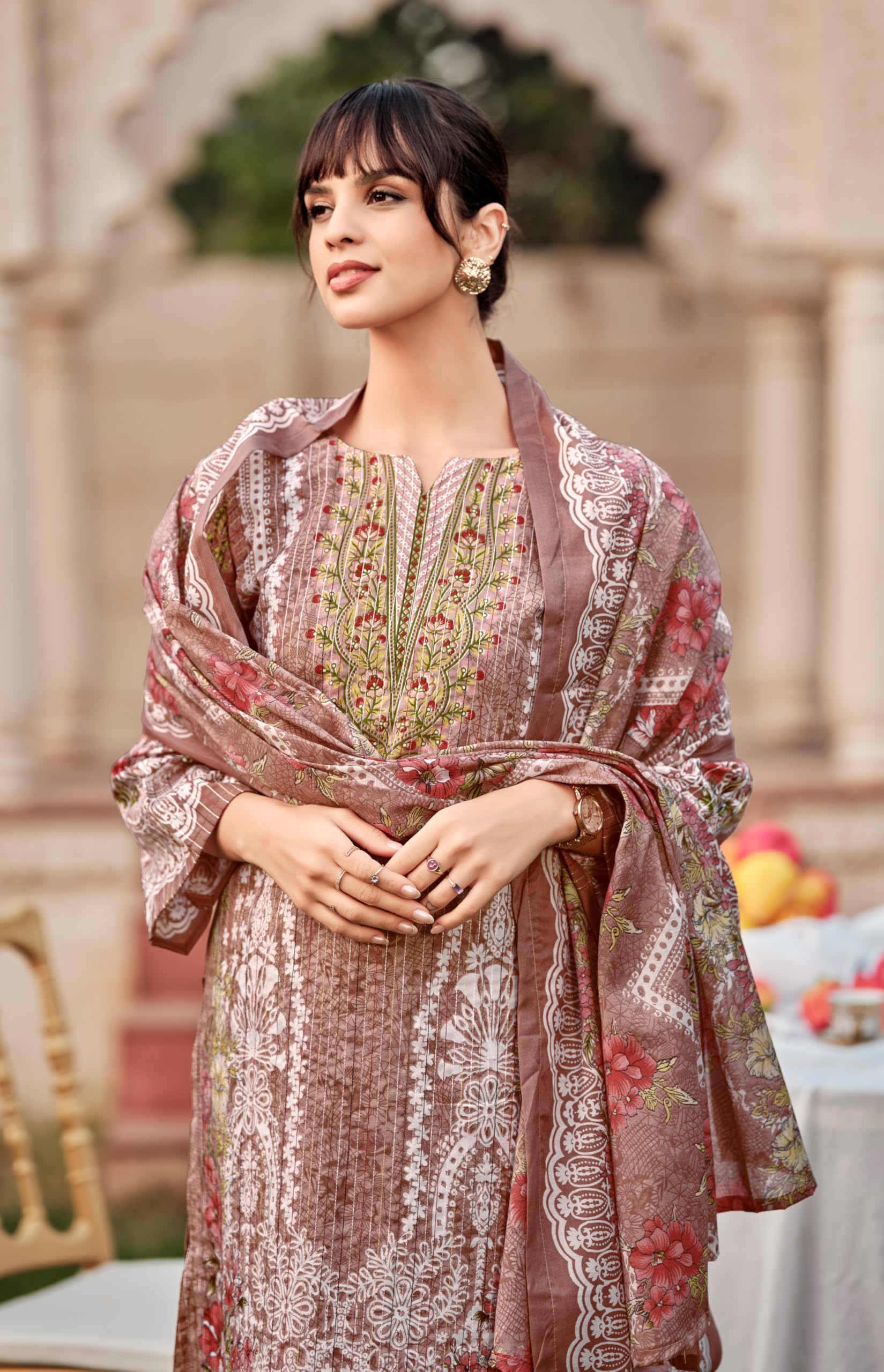 DRAVINAM Trends Women's Unstitched Pure Cotton Suit Dress Material with Heavy Lining Embroidered | Stylish Pure Cotton Print Dupatta & Solid Bottoms