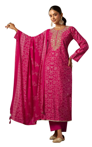 DRAVINAM Trends Women's Unstitched Silk Suit - Modal Silk Discharge Foil Print with Coding Embroidery Top || Solid Bottoms II Modal Silk Discharge Foil Print And Tussle Dupatta
