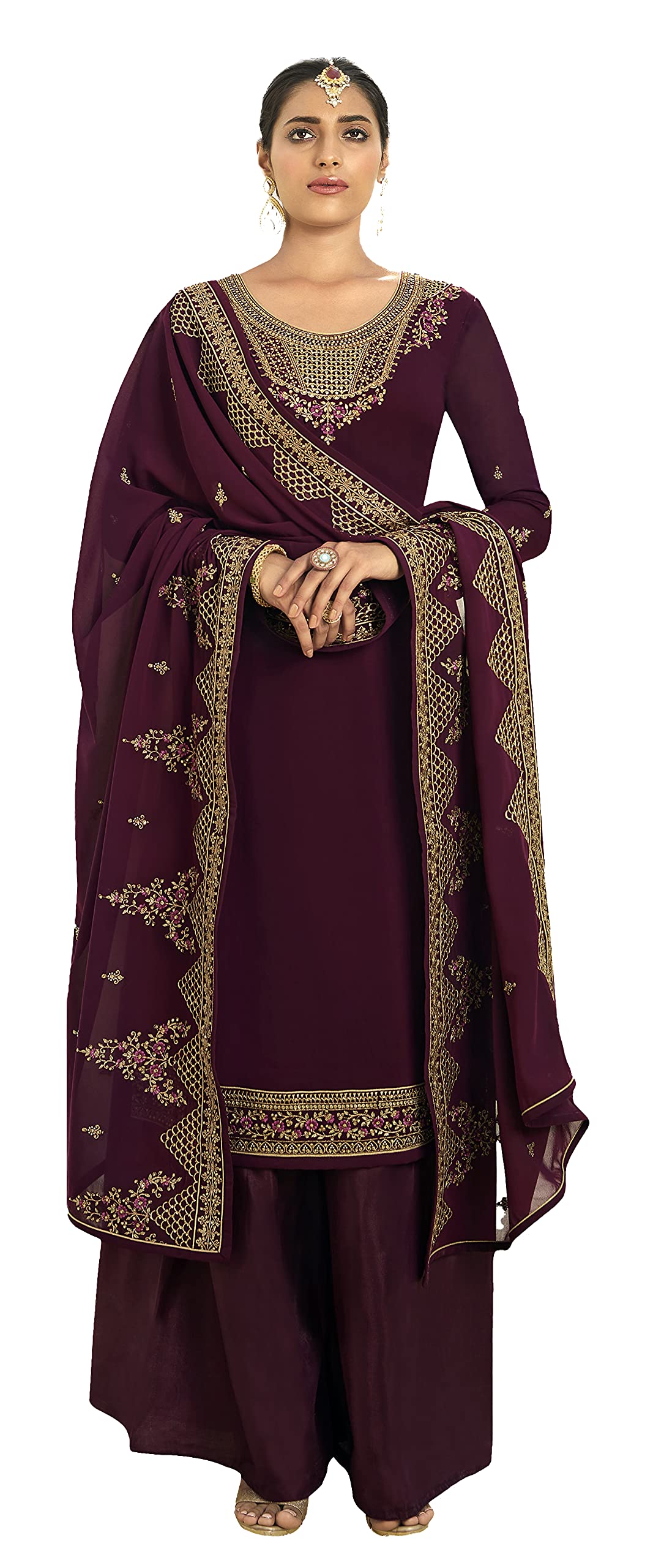 DRAVINAM Trends Women's Heavy Embroidered Pure Georgette Sharara Salwar Suit Dress Material with Heavy Embroidered Pure Georgette Dupatta (Free size_Maroonish red)