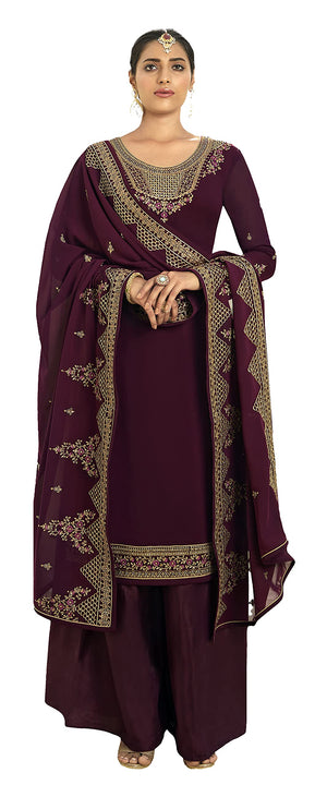 DRAVINAM Trends Women's Heavy Embroidered Pure Georgette Sharara Salwar Suit Dress Material with Heavy Embroidered Pure Georgette Dupatta (Free size_Maroonish red)