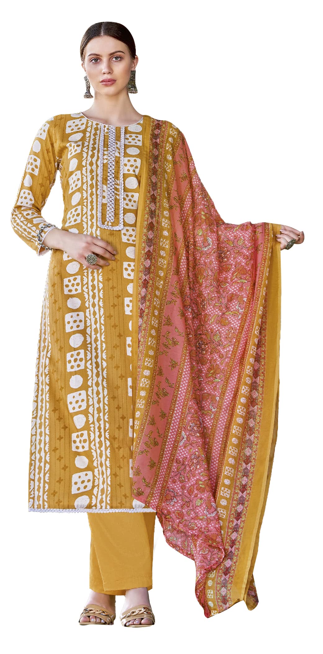 DRAVINAM Trends Unstitched Rayon Kurta Pant Dress Material Set with Cotton Printed Dupatta for Women