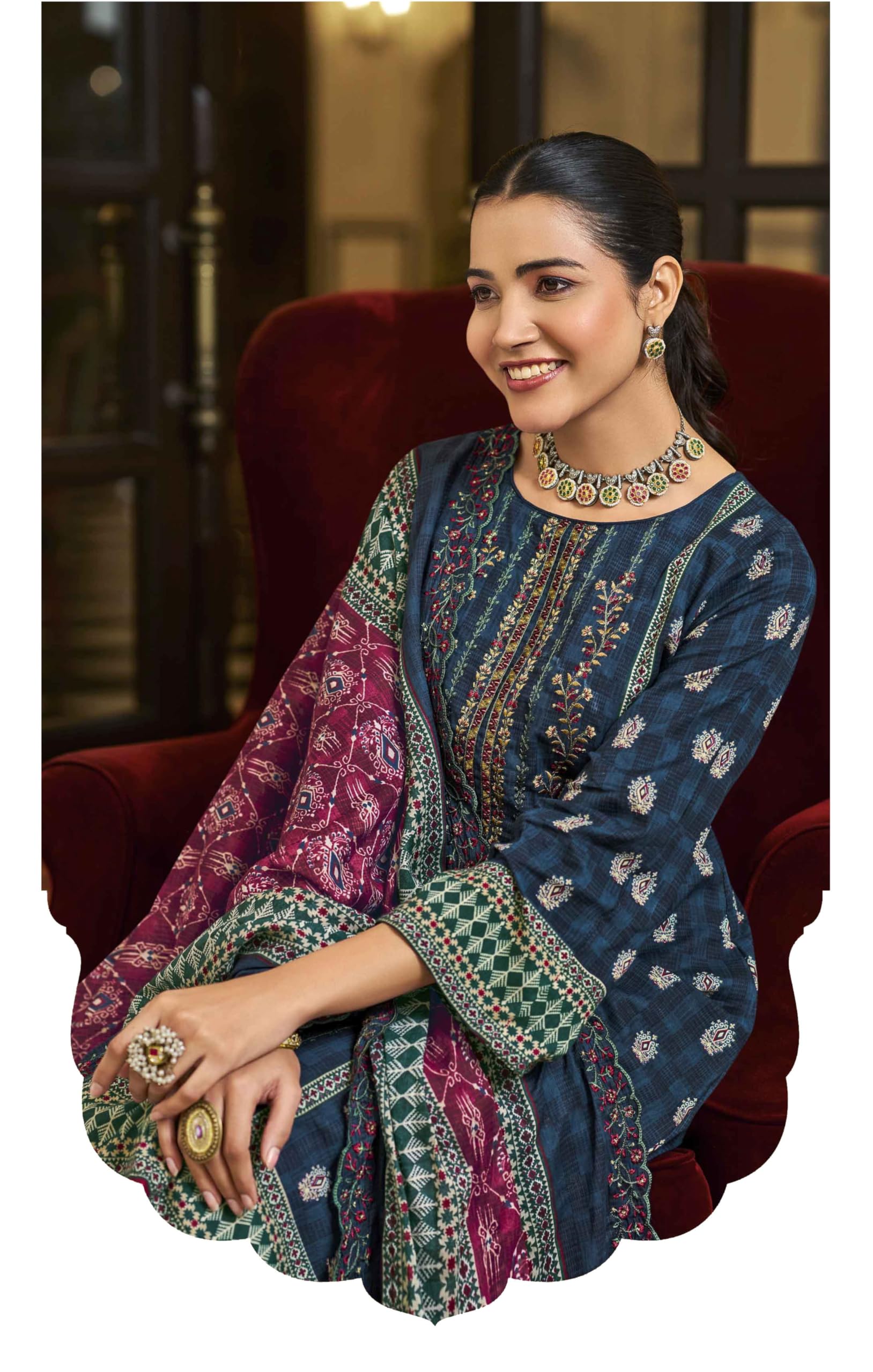 DRAVINAM Trends Women's Unstitched Salwar Suit Dress Material - Cotton Digital Printed Organza Embroidered Kameez II Unstitch Bottoms II Cotton Dupatta