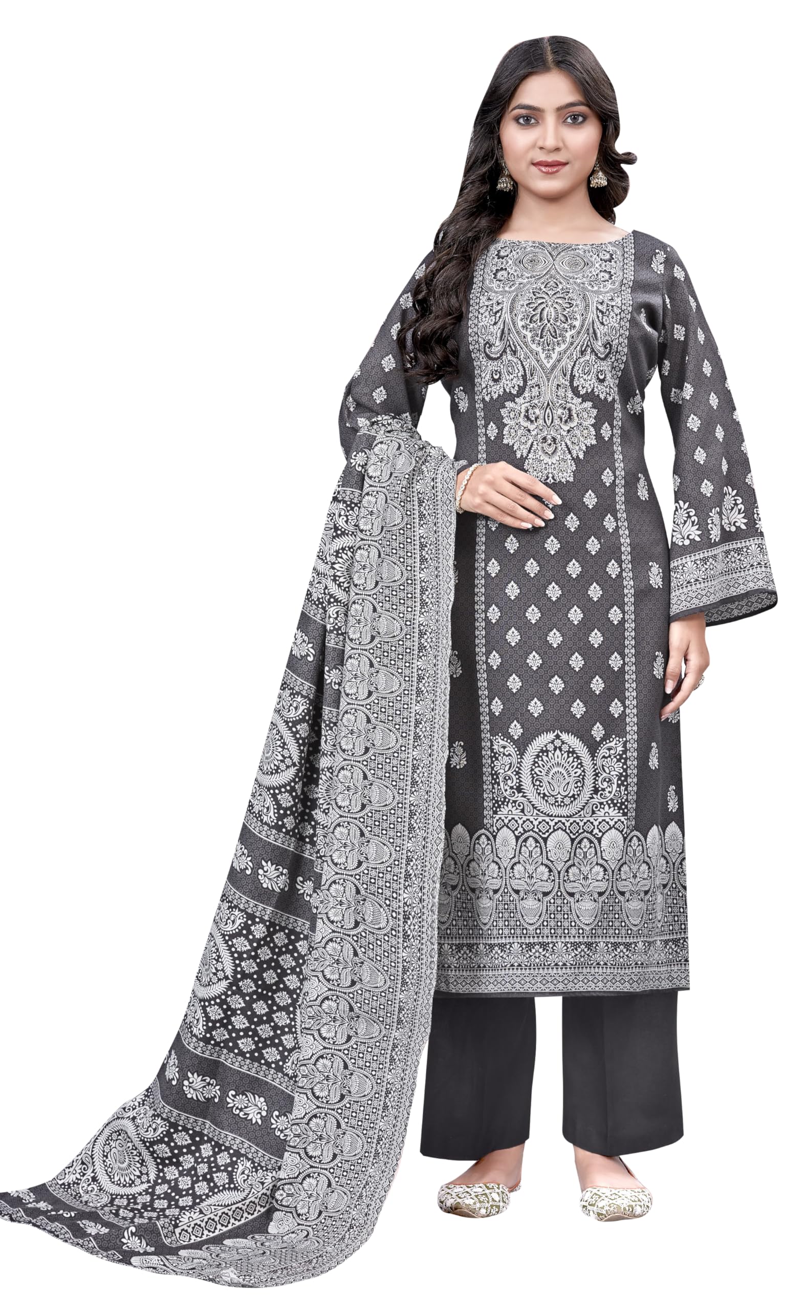 DRAVINAM Trends Heavy Pashmina Spun Digital Style Kani Kashmiri Printed Unstitched Salwar Suit for Women with Siroski Work and Printed Pashmina Shawl Dupatta