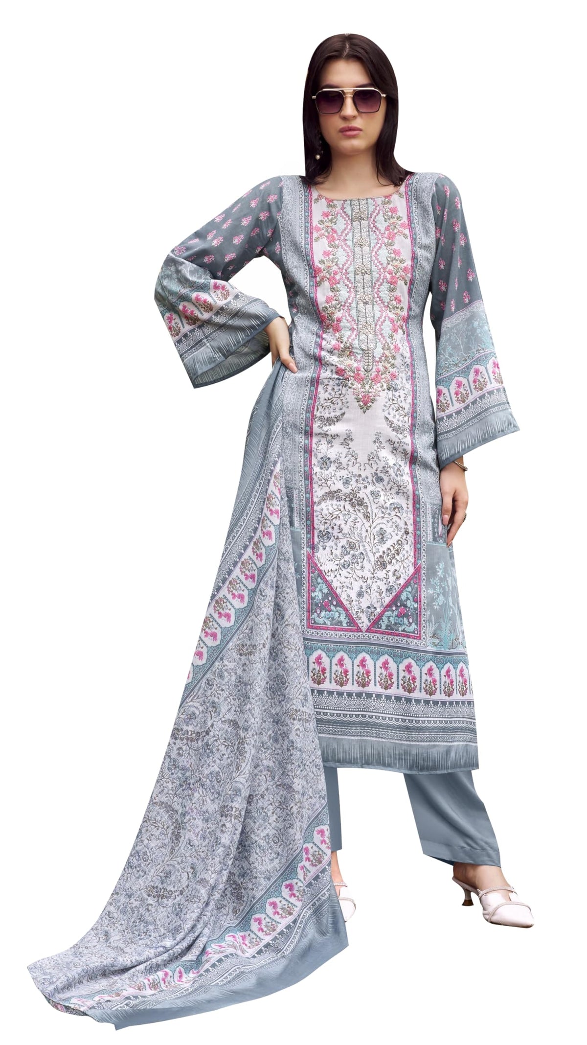 DRAVINAM Trends Women's Unstitched Cotton Suit Dress Material - Printed Embroidered Top II Plain Bottoms II Print Dupatta