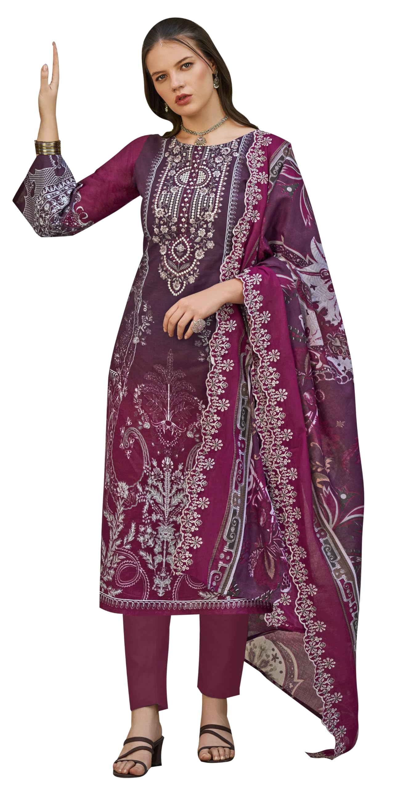 DRAVINAM Trends Women's Unstitched Pakistani Digital Print Embroidered Pure Cotton Salwar Suit Dress Materials with Cotton Embroidered Cutwork Dupatta
