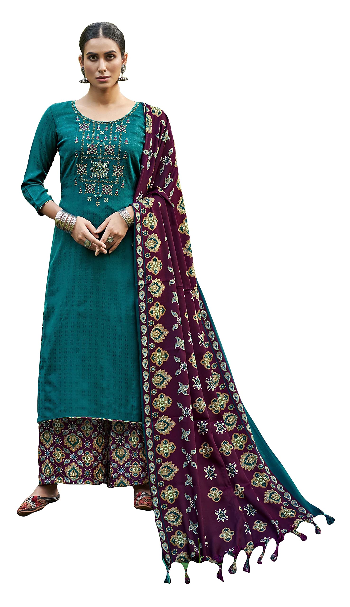 DRAVINAM Trends Women's Pure Wool Viscose Embroidered Unstitched Palazzo/Pant/Salwar Suit with Pashmina wool Shawl Dupatta/Chunni for /Office Wear/Casual/ Winter wear (Blue)