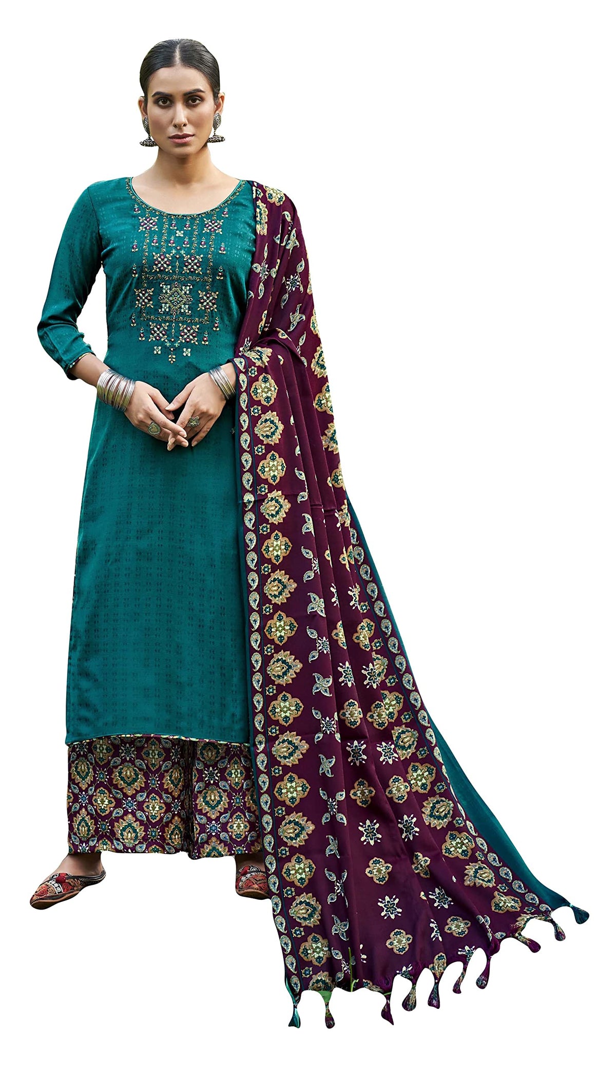 DRAVINAM Trends Women's Pure Wool Pashmina Embroidered Unstitched Palazzo/Pant/Salwar Suit with Pashmina wool Shawl Dupatta/Chunni for/Office Wear/Casual/Winter wear (Brown)