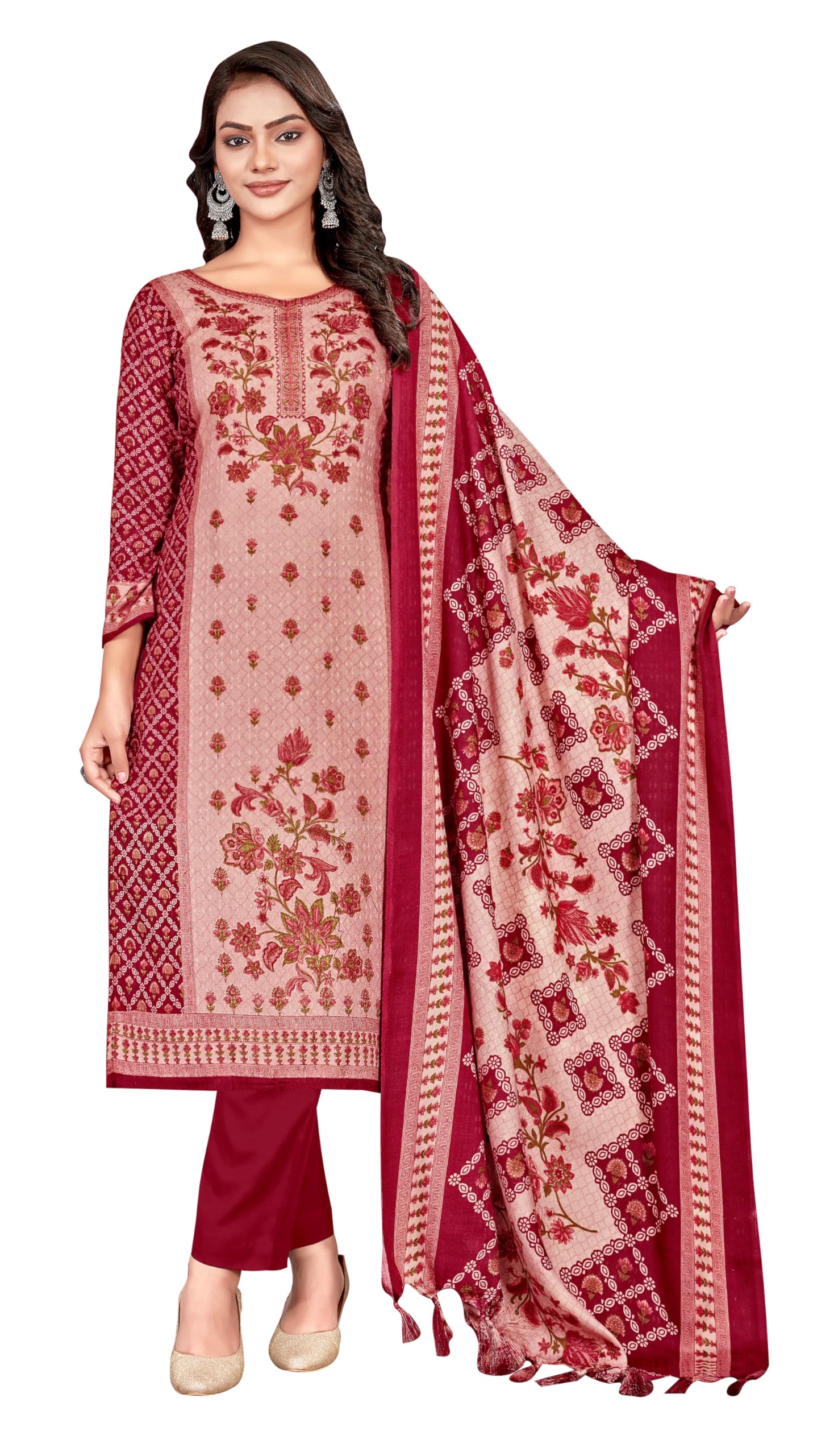 DRAVINAM Trends Women's Pakistani Printed Pashmina Wool Unstitch Salwar Suit Dress Material with Pashmina Printed Shawl Dupatta
