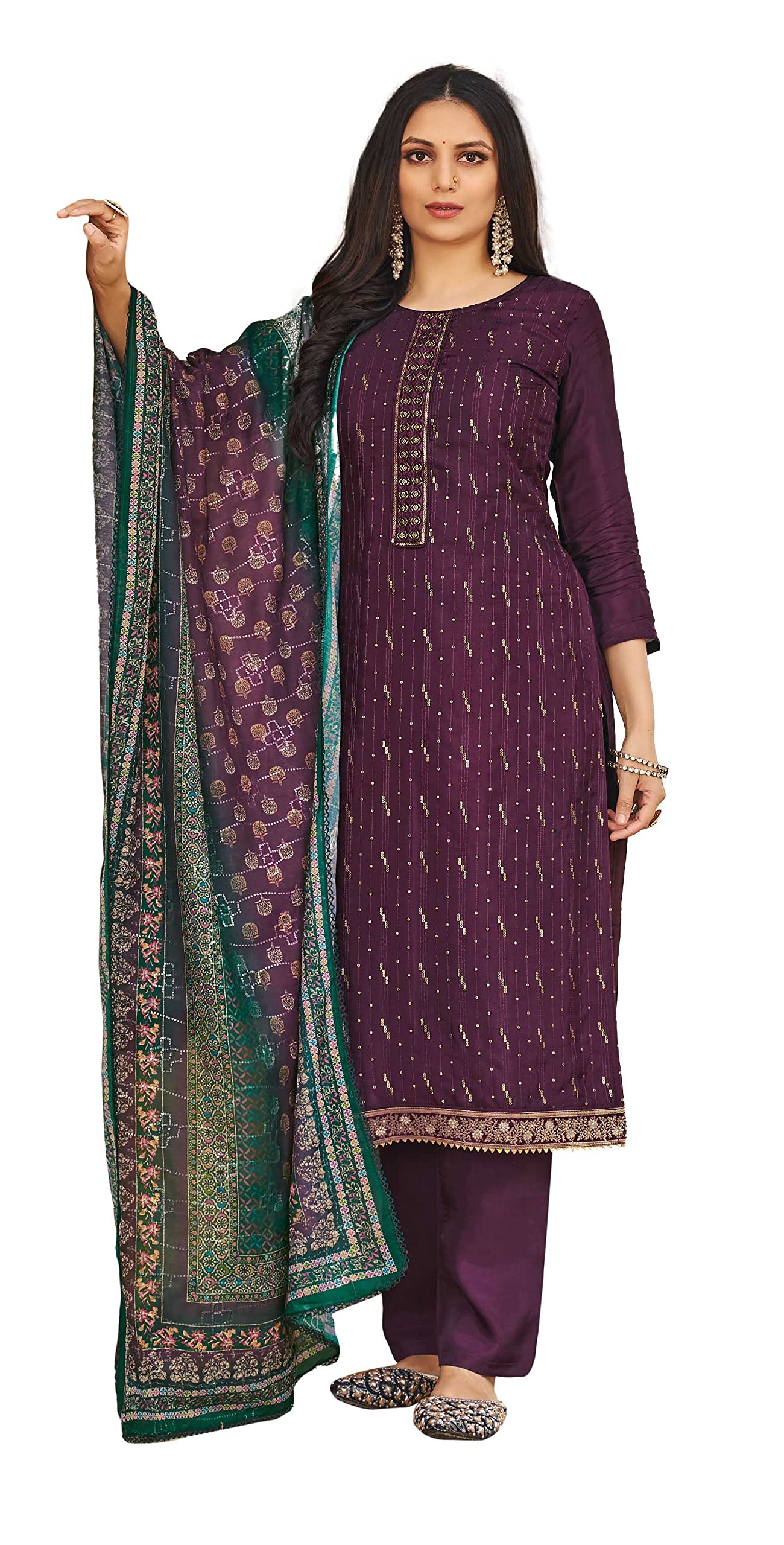 DRAVINAM Trends Women's Pure Viscose Upada Silk Sequence work Unstitched Salwar Suit Material with Pure Muslin Digital Print Sequence Dupatta (Free size_Wine)