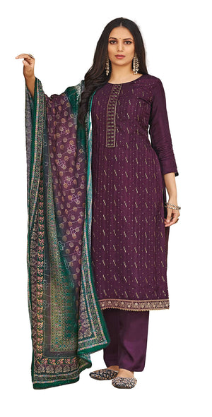 DRAVINAM Trends Women's Pure Viscose Upada Silk Sequence work Unstitched Salwar Suit Material with Pure Muslin Digital Print Sequence Dupatta (Free size_Wine)