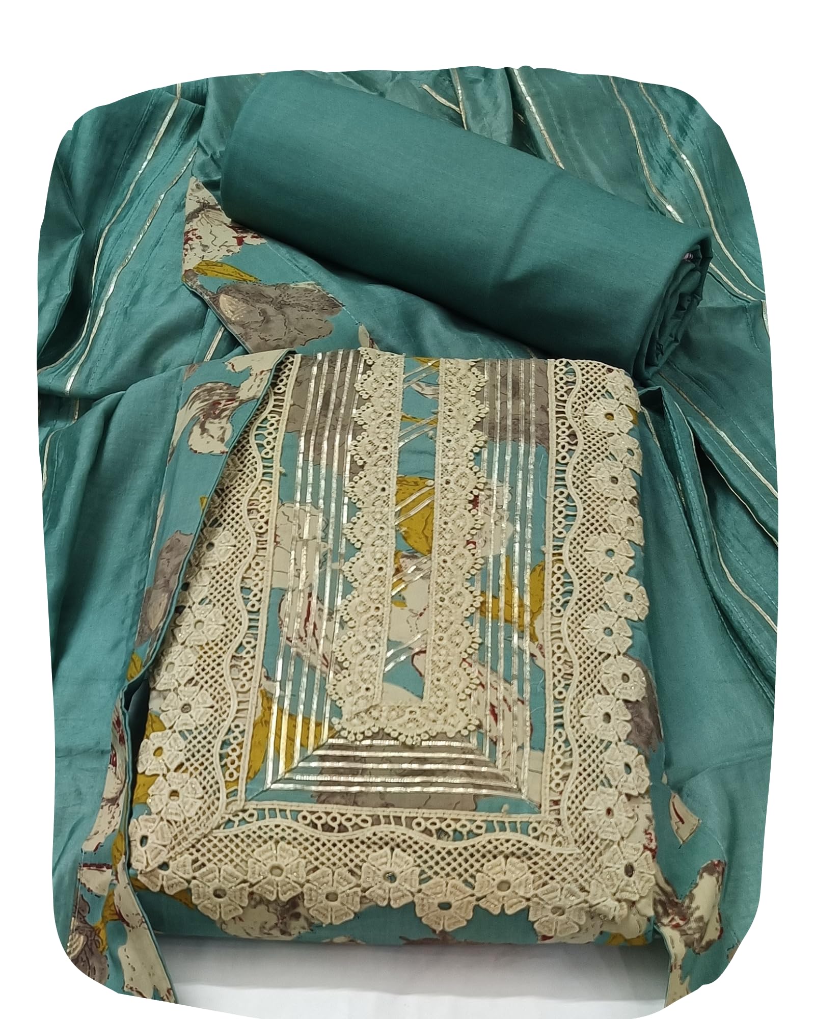 DRAVINAM Trends Unstitched Floral Print Premium Cotton Suit Dress Material with Gota and Lace work for Women with Soft Silk Embellished Dupatta