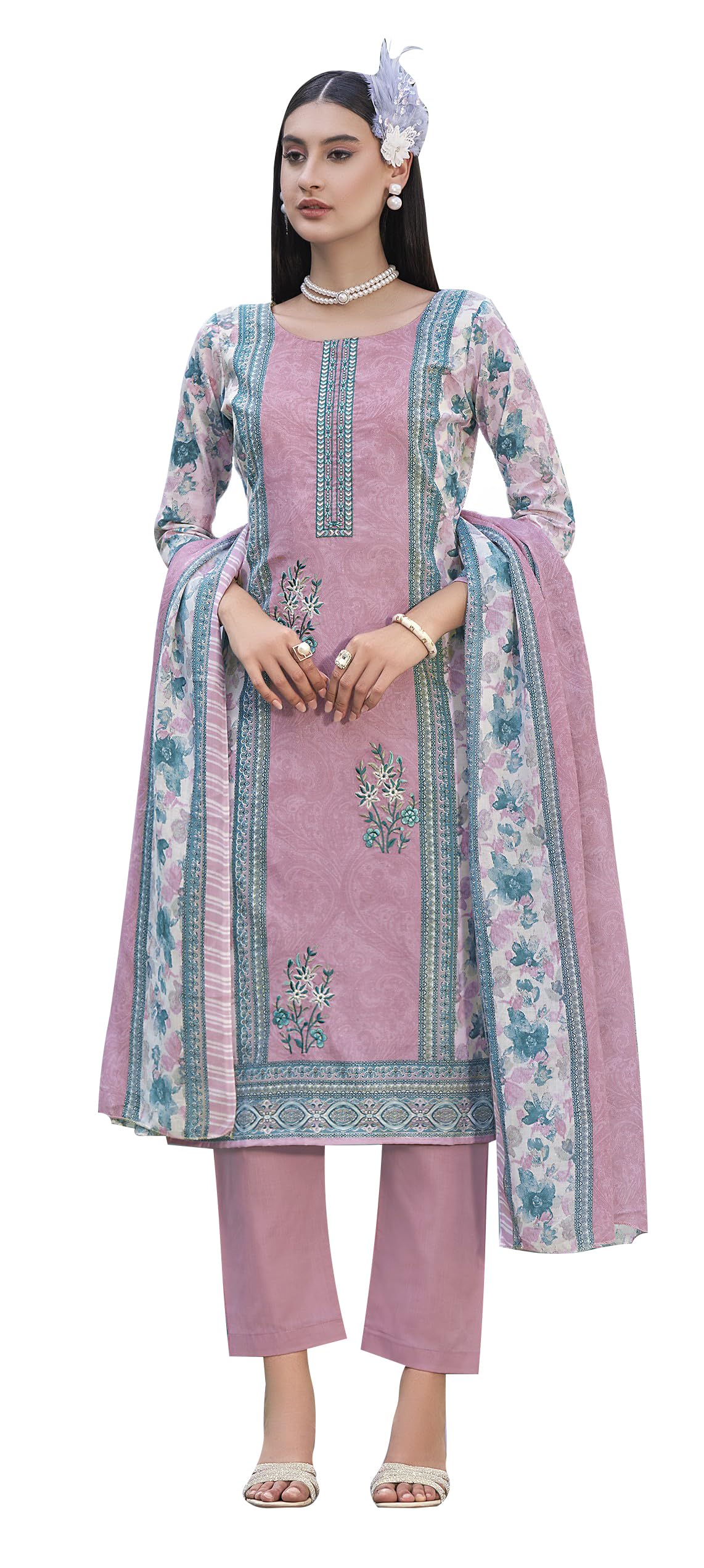 DRAVINAM Trends Women's Unstitched Salwar Suit Dress Material - Cotton Digital Printed Organza Embroidered Kameez II Unstitch Bottoms II Cotton Dupatta