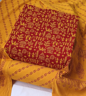 DRAVINAM Trends Women's Premium Cotton Unstitched Salwar Suit Dress Material Set | Traditional Rajasthani Gujari Block Print (Red & Mustard Yellow)