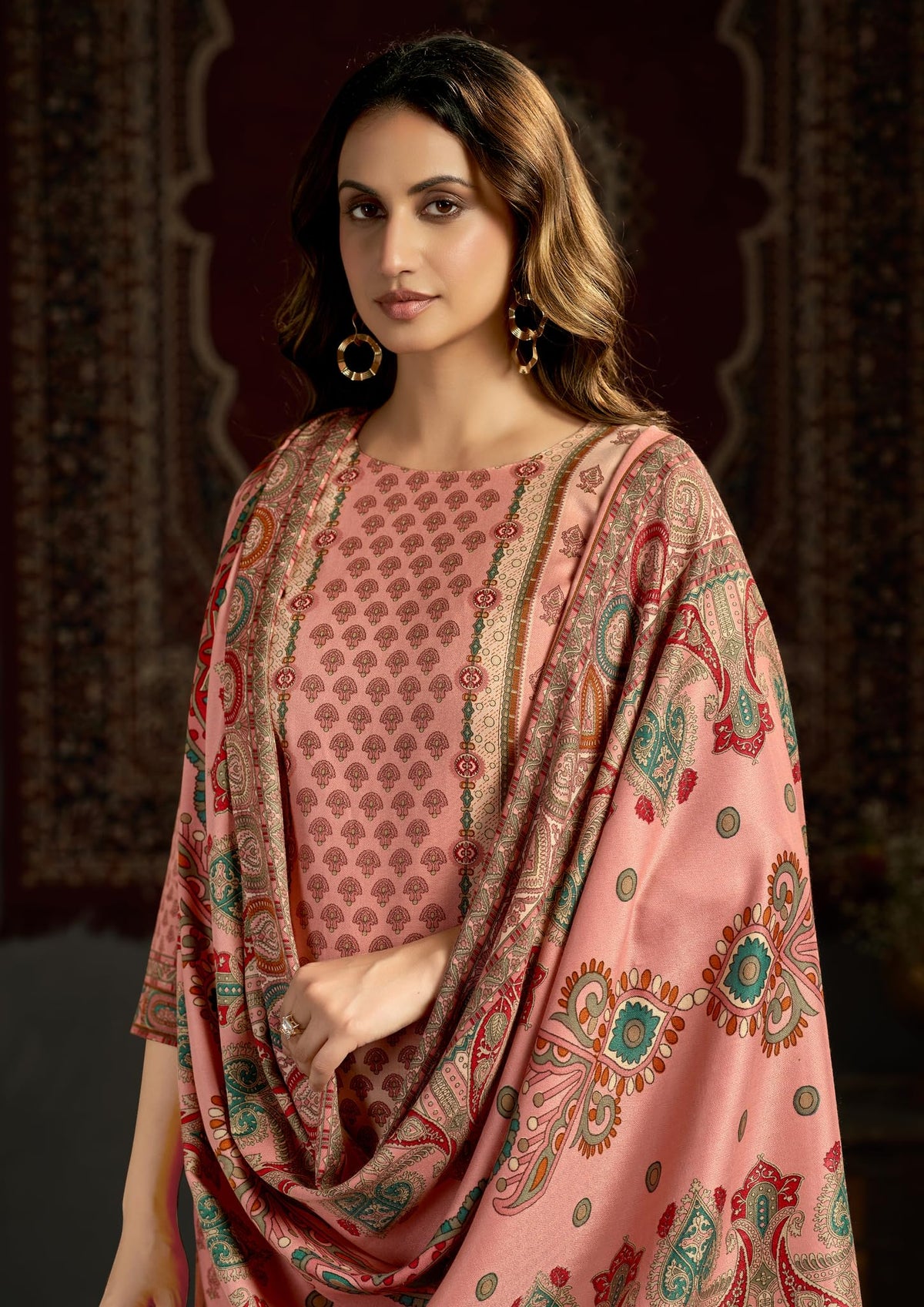 DRAVINAM Trends Women's Unstitched Kashmiri Print Woollen Pashmina Salwar Suit Dress Material with Pashmina Printed Shawl Dupatta (Free Size) (Grey)