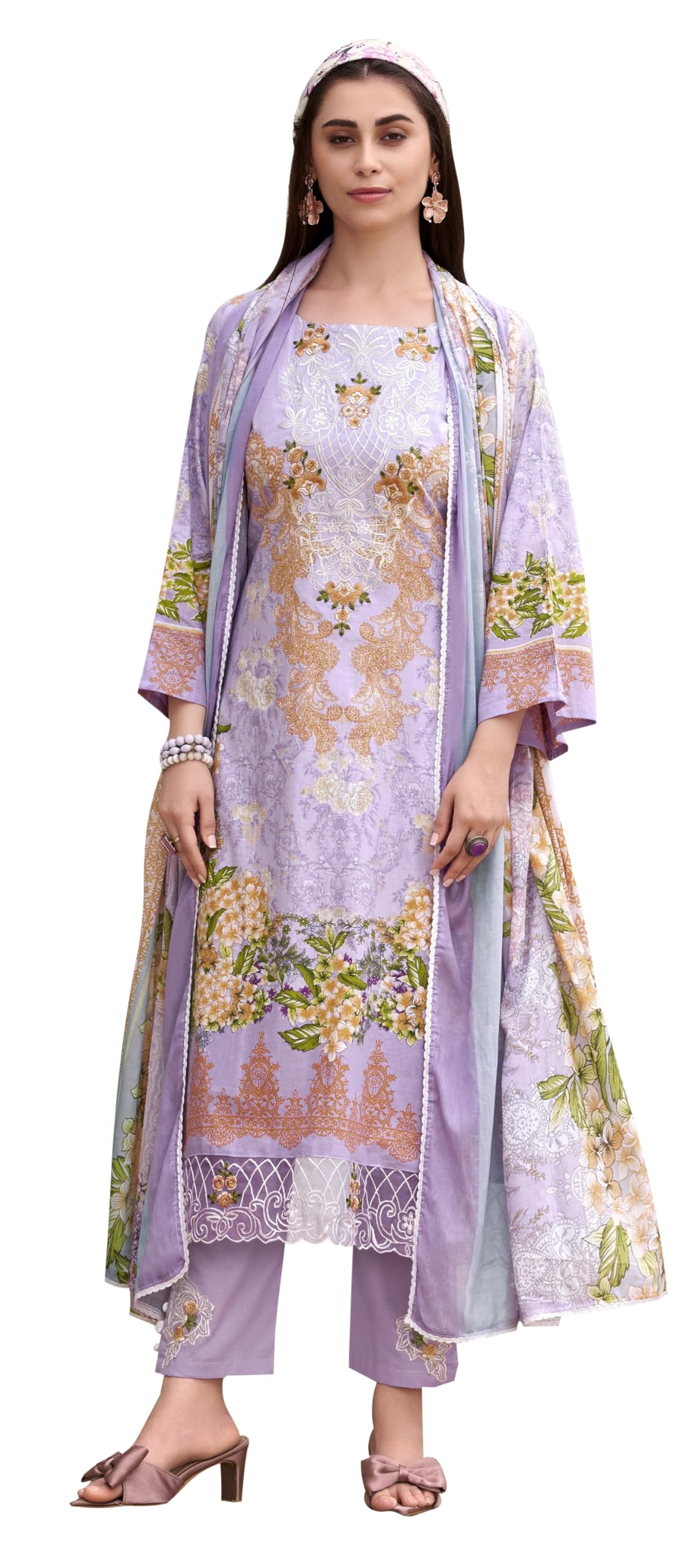 DRAVINAM Trends Women's Unstitched Salwar Suit Dress Material - Cotton Digital Printed Organza Embroidered Kameez II Unstitch Bottoms II Cotton Dupatta