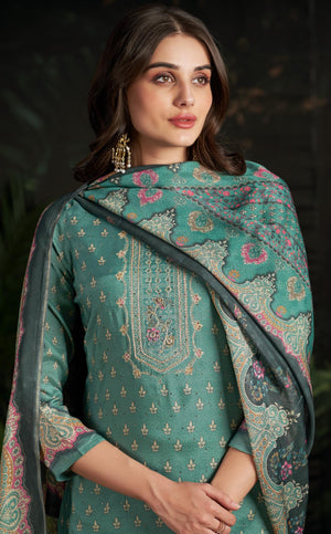 DRAVINAM Trends Women's Unstitched Maslin Salwar Suit Dress Material - Pure Bemberg Maslin Aari Work Kameez II Rayon Unstitch Bottoms II Viscose Maslin Digital Prints Dupatta