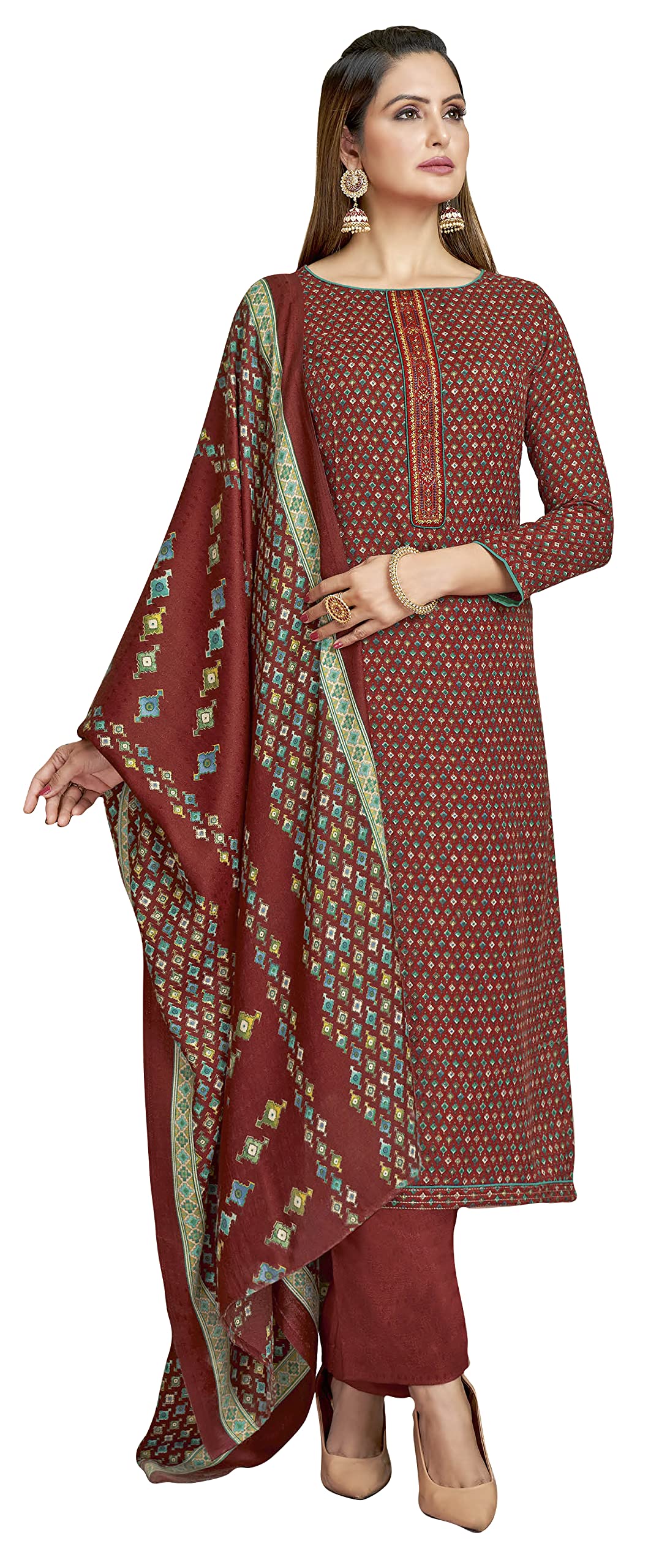 DRAVINAM Trends Women's Unstitched dobby Print Woollen Pashmina Salwar Suit Dress Material with Embroiderywork and Pashmina Printed Shawl Dupatta (Free Size_Green)