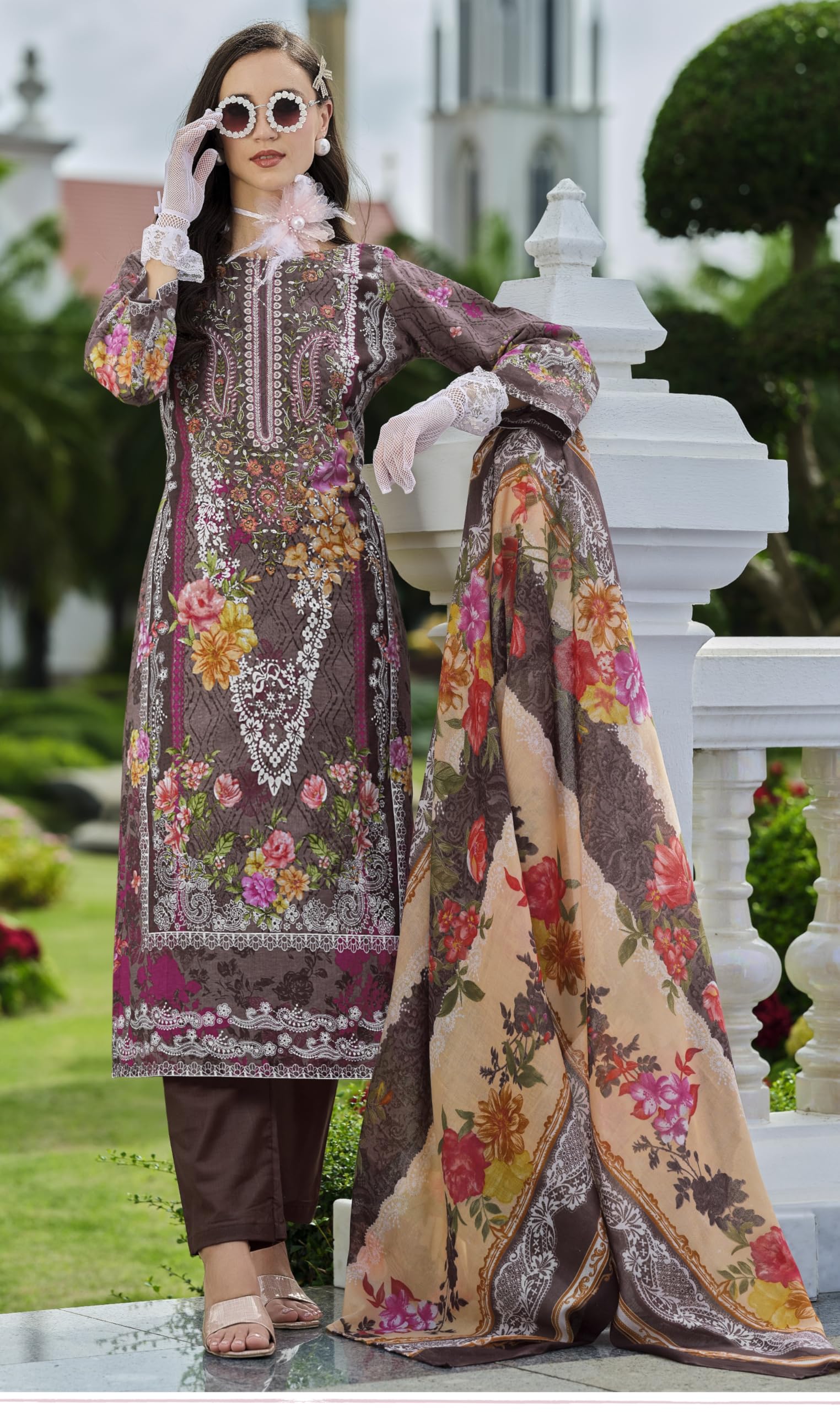 DRAVINAM Trends Women's Unstitched Pakistani Print Embroidered Pure Cotton Salwar Suit Dress Materials with Cotton Printed Dupatta
