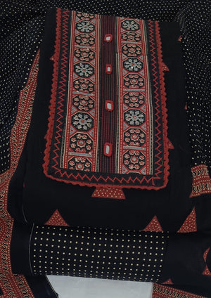 DRAVINAM Trends Women's Pure Cotton Geometric Handblock Printed Unstitched Salwar Suit Dress Material with Mirror Work Neck & Mulmul Dupatta (Black)