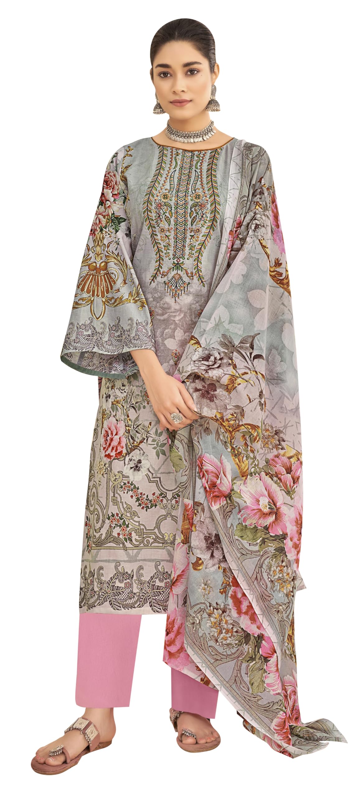 DRAVINAM Trends Women's Unstitched Digital Pakistani Print Embroidered Cambric Cotton Salwar Suit Dress Materials with Cotton Printed Dupatta