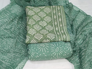 DRAVINAM Trends Hand Block Print Cambric Cotton Unstitched Salwar Suit Set for Women with Pure Chiffon Hand Printed Dupatta