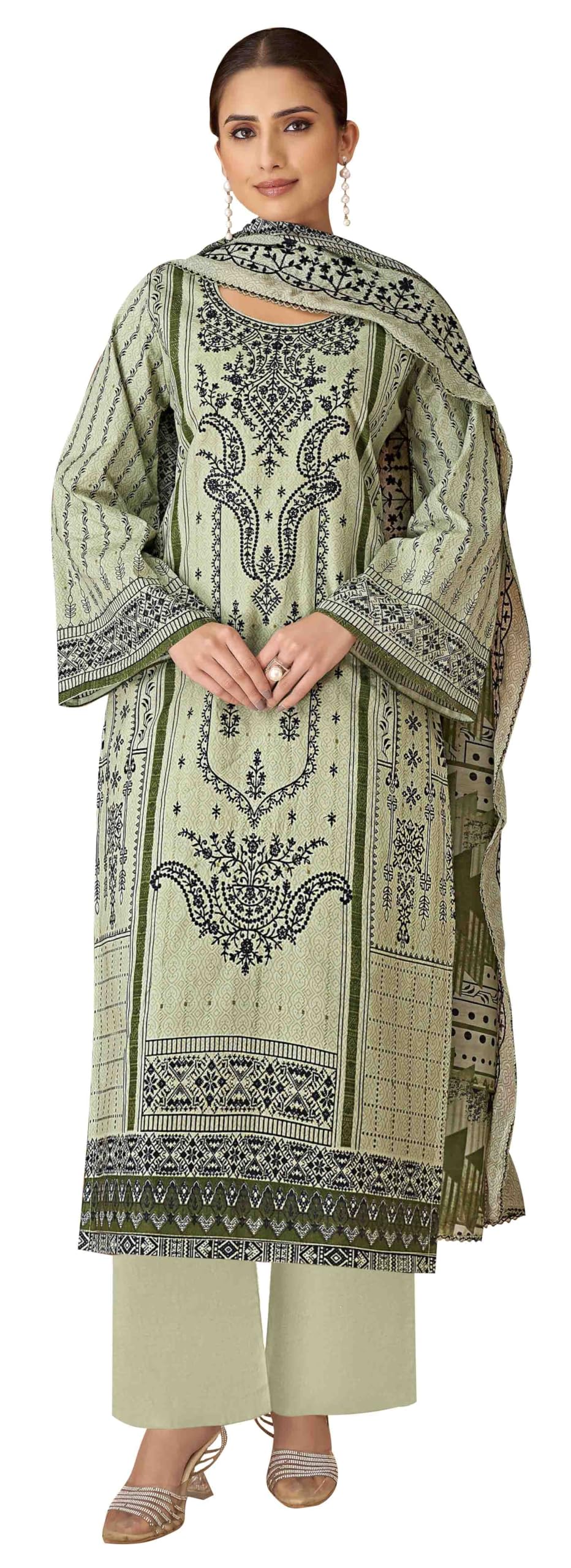 DRAVINAM Trends Unstitched Cotton Suit Dress Material Set: Pakistani Print Top Fabric with Embroidery | Customizable Solid Bottoms | Cotton Fancy Dupatta