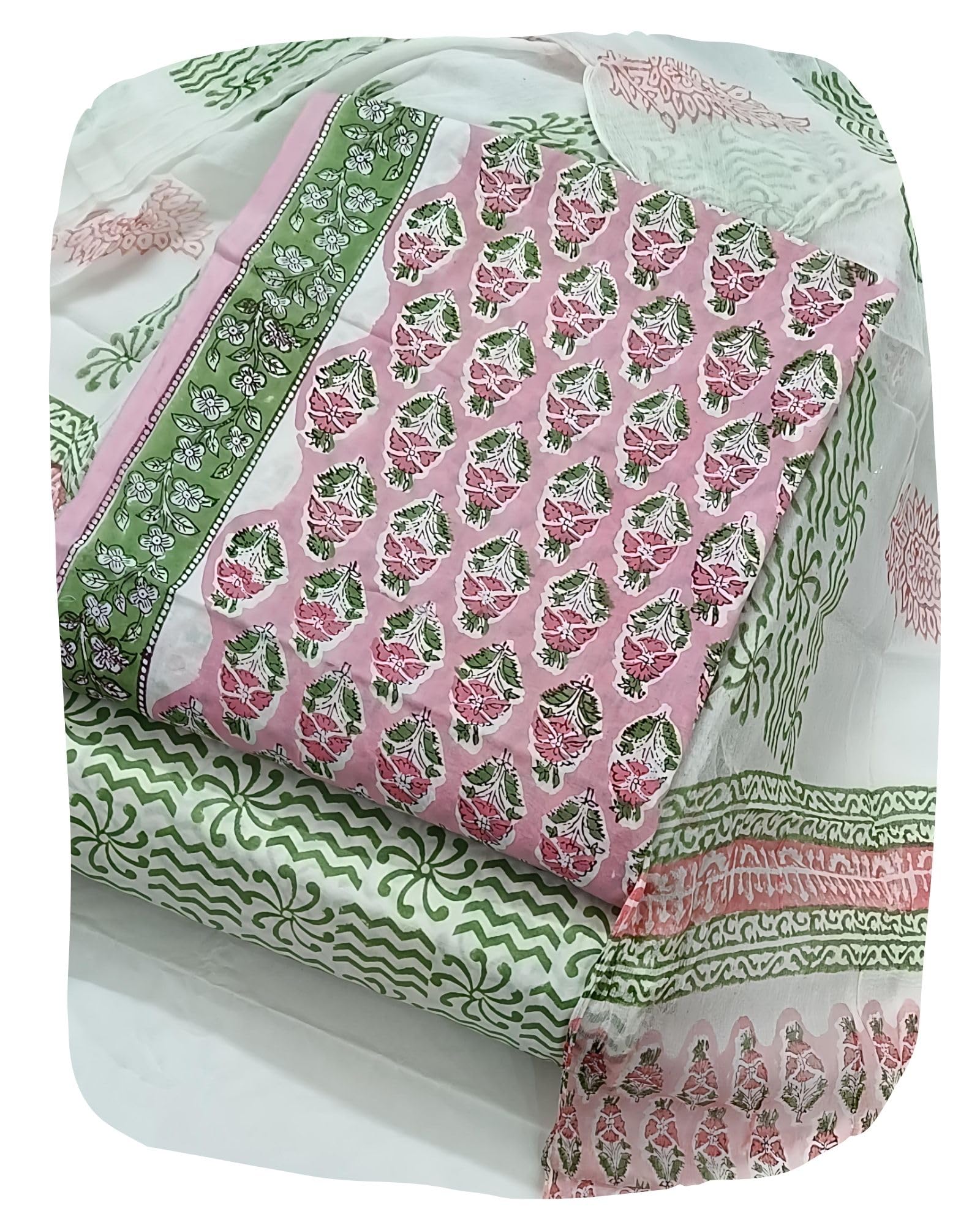 DRAVINAM Trends Hand Block Print Pure Cambric Cotton Unstitched Suit Material with Chiffon Hand Printed Dupatta