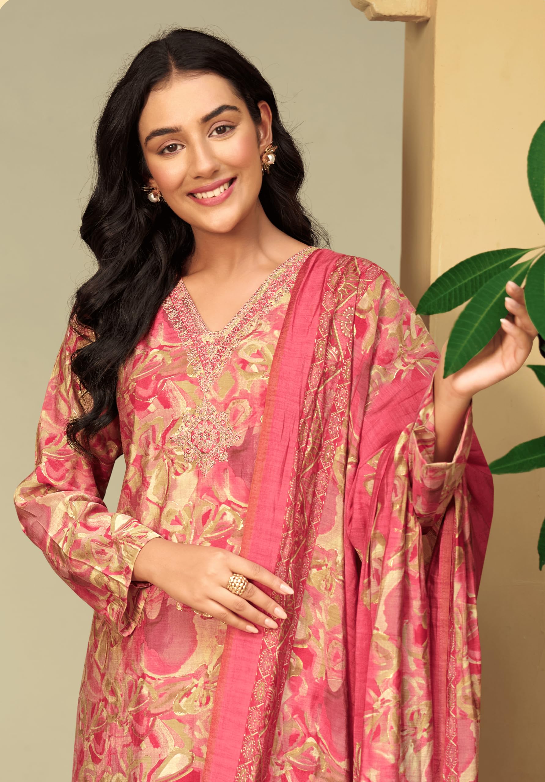 DRAVINAM Trends Women's Unstitched Salwar Suit Dress Material Modal Silk Discharge Foil Print Cording Embroidered Kameez Plain Unstitched Bottoms and Modal Silk Discharge Foil Print Dupatta