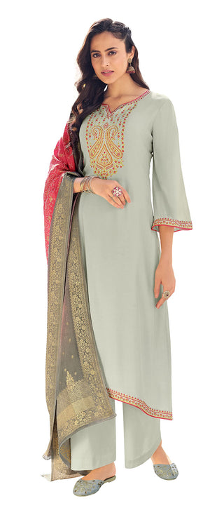 DRAVINAM Trends Women's Pure Muslin Embroidered Pakistani salwar suit dress material with Pure Viscose Dola Jacquard digital prints dupatta bridal collection (grey)