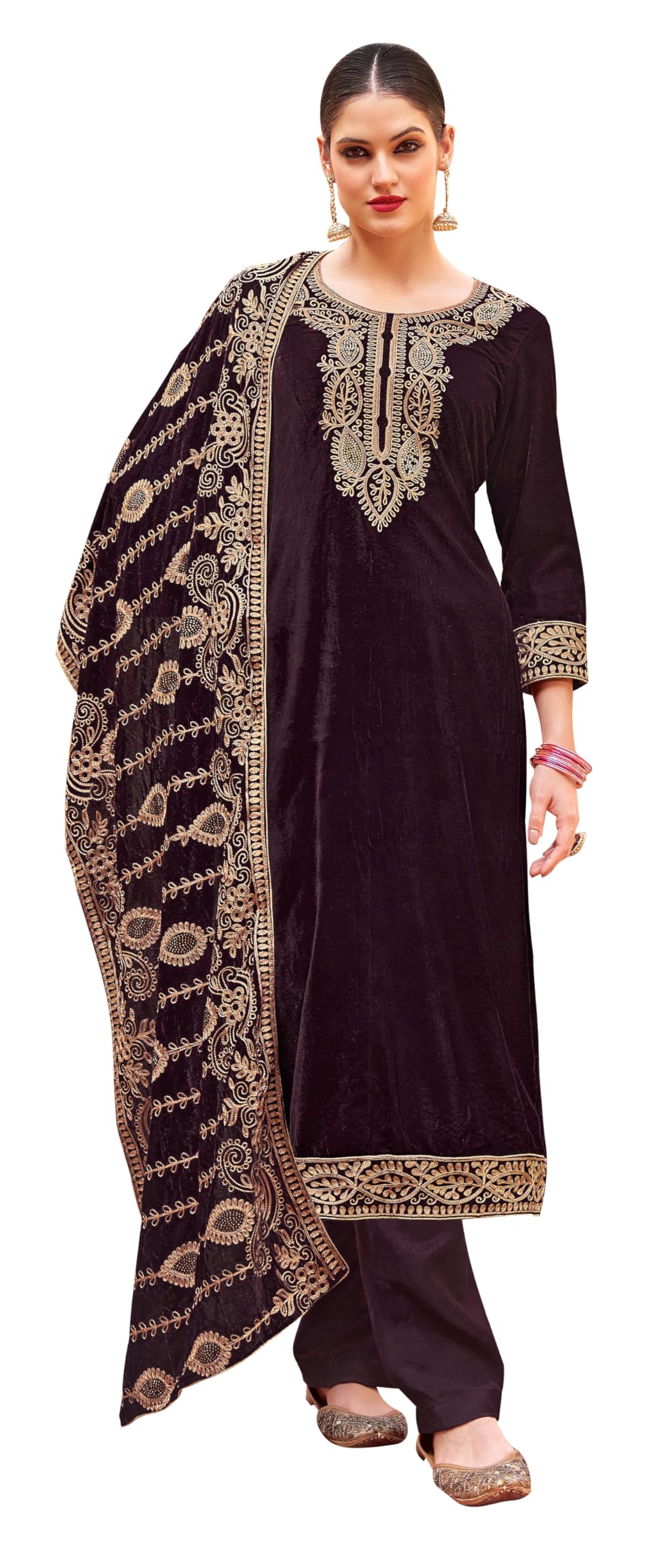 DRAVINAM Trends Women's Unstitched Premium Velvet Embroidered Salwar suit Dress Material with Velvet Heavy Embroidered Dupatta