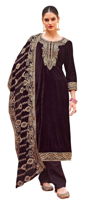 DRAVINAM Trends Women's Unstitched Premium Velvet Embroidered Salwar suit Dress Material with Velvet Heavy Embroidered Dupatta