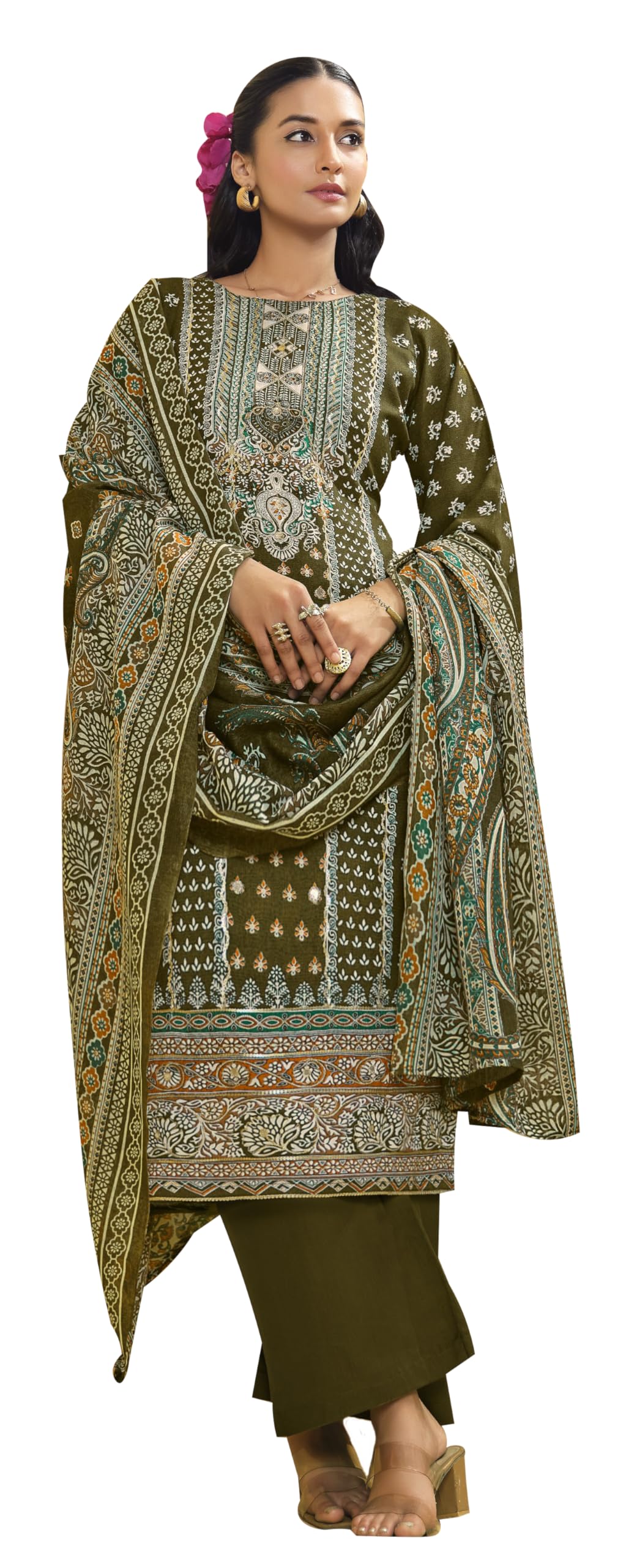 DRAVINAM Trends Women's Unstitched Salwar Suit Dress Material - Cotton Digital Printed Organza Embroidered Kameez II Unstitch Bottoms II Cotton Dupatta