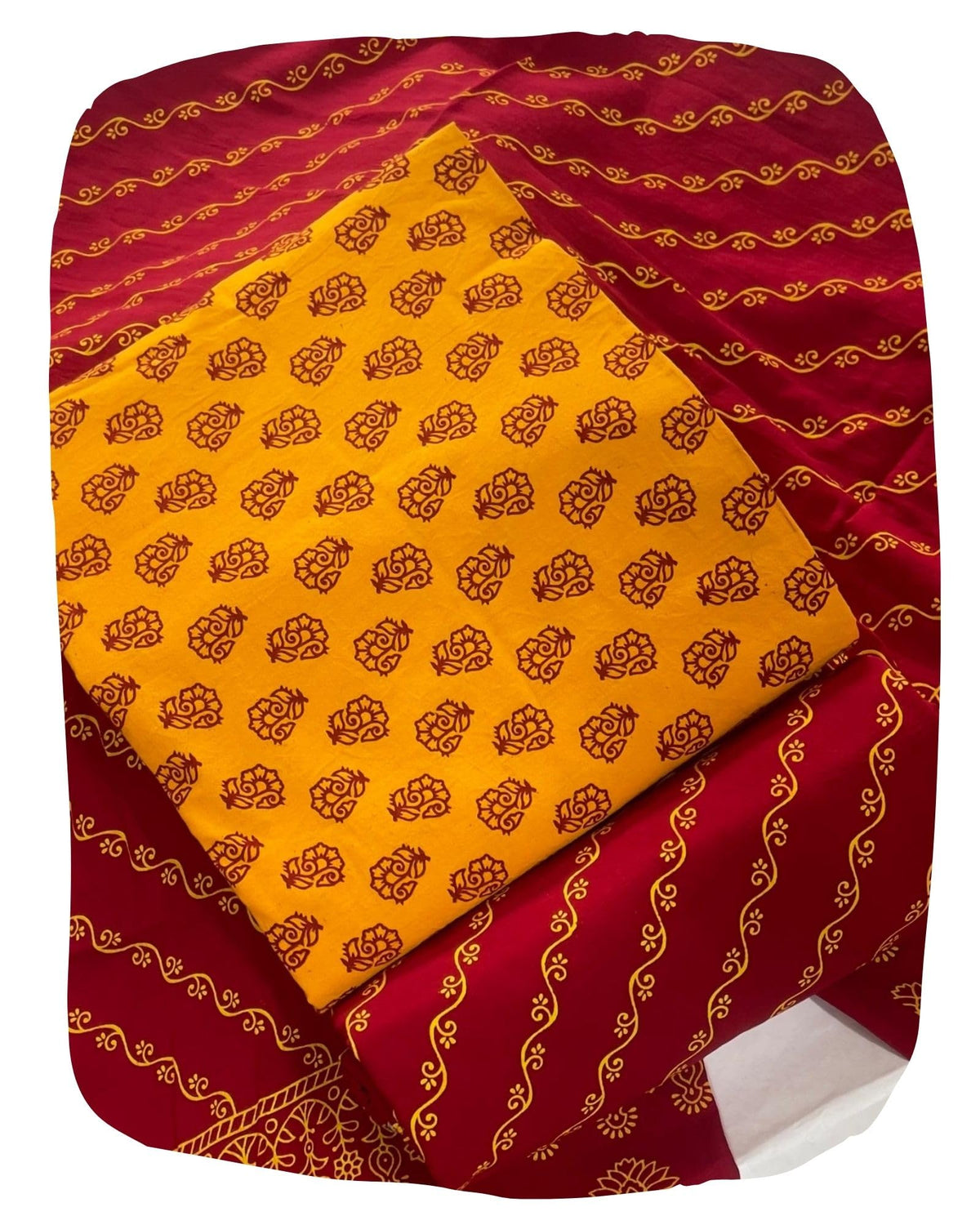 DRAVINAM Trends Women's Premium Cotton Unstitched Salwar Suit Dress Material Set | Traditional Rajasthani Gujari Block Print (Red & Mustard Yellow)
