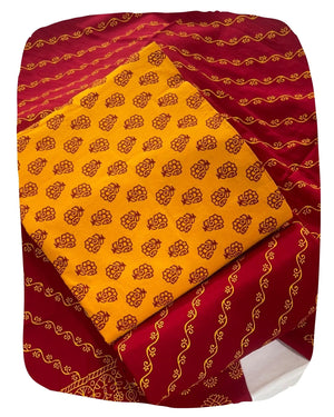 DRAVINAM Trends Women's Premium Cotton Unstitched Salwar Suit Dress Material Set | Traditional Rajasthani Gujari Block Print (Red & Mustard Yellow)