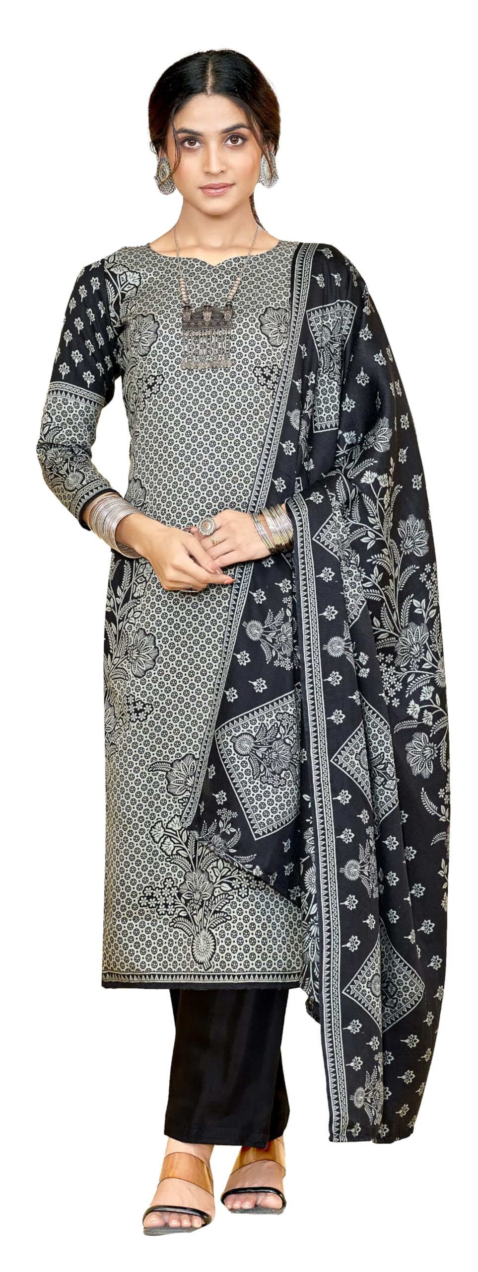 DRAVINAM Trends Women Unstitch Printed Pashmina Suit Dress Material I Digital style Printed Pashmia Top| Pure Pashmina Spun Dyed Bottoms | Luxurious Pure Woolen Shawl Dupatta with Piko work