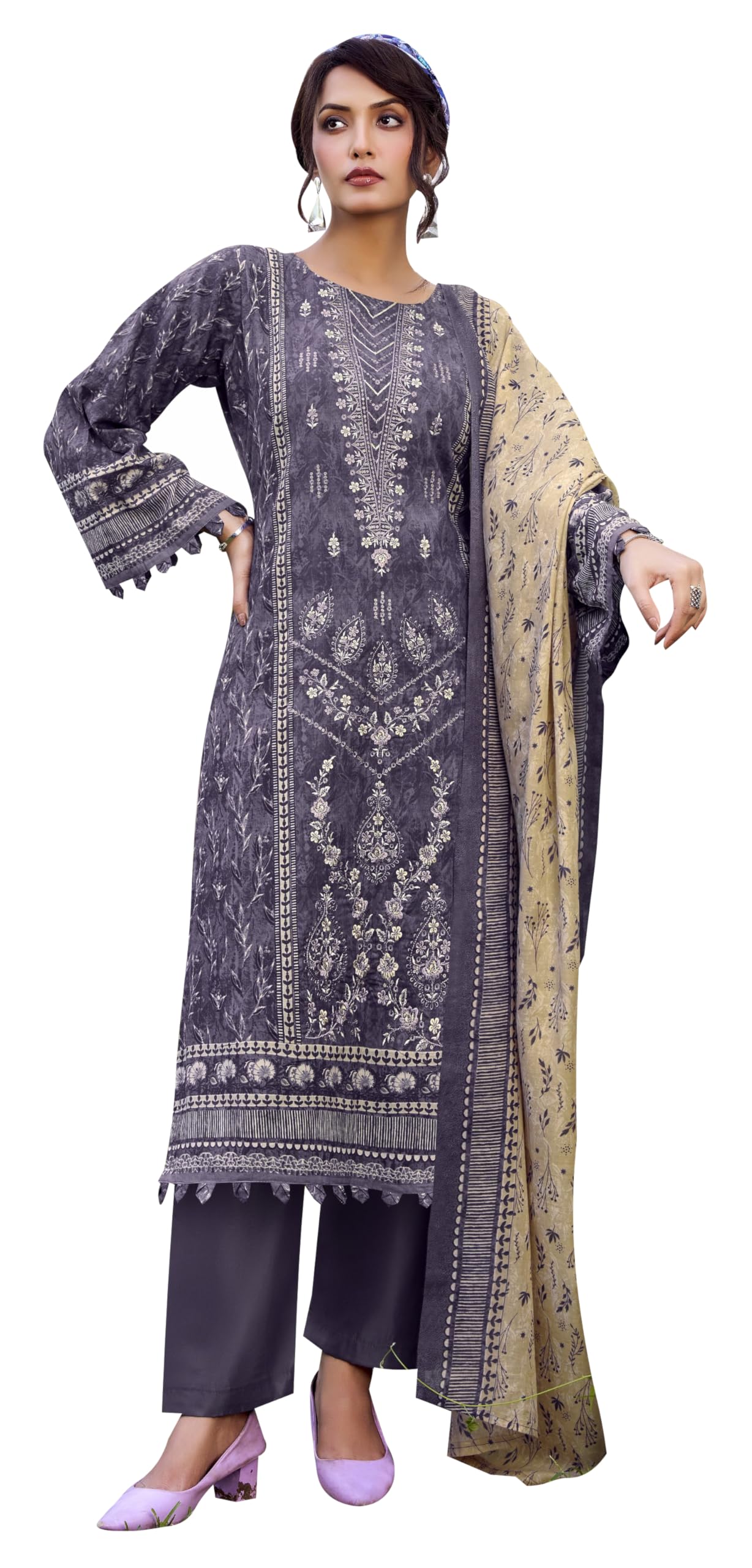 DRAVINAM Trends Unstitched Karachi Lawn Cotton Pakistani Digital Printed Embroidered Suit Dress Material with Unstitched Bottoms and Cotton Dupatta